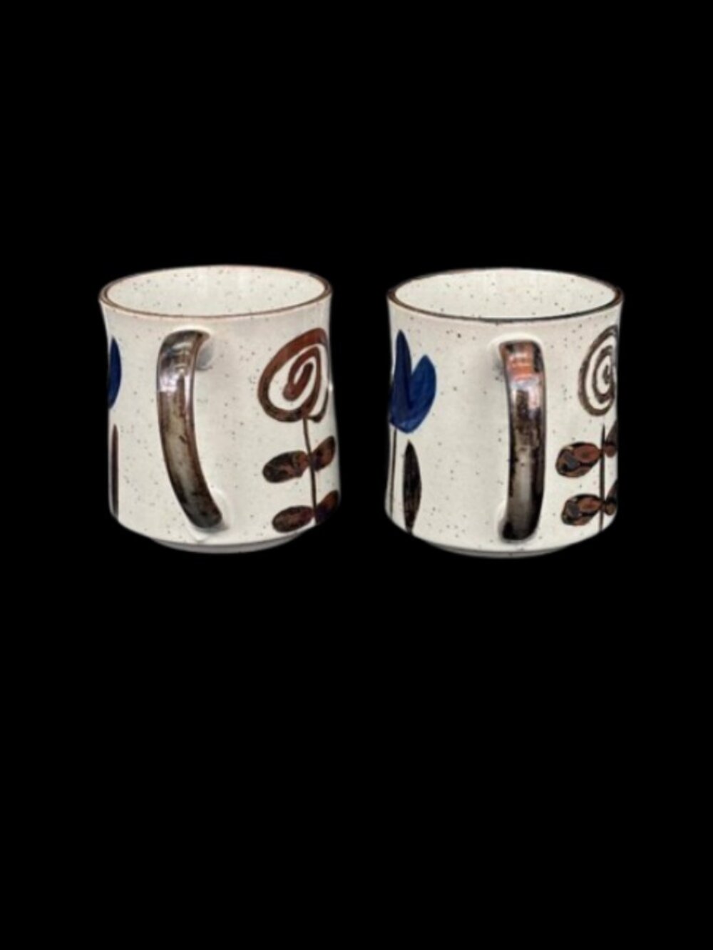 Vintage Otagiri Japan Cobalt Blue Brown Floral Speckled Stoneware Mugs Set 2 - Picture 5 of 7